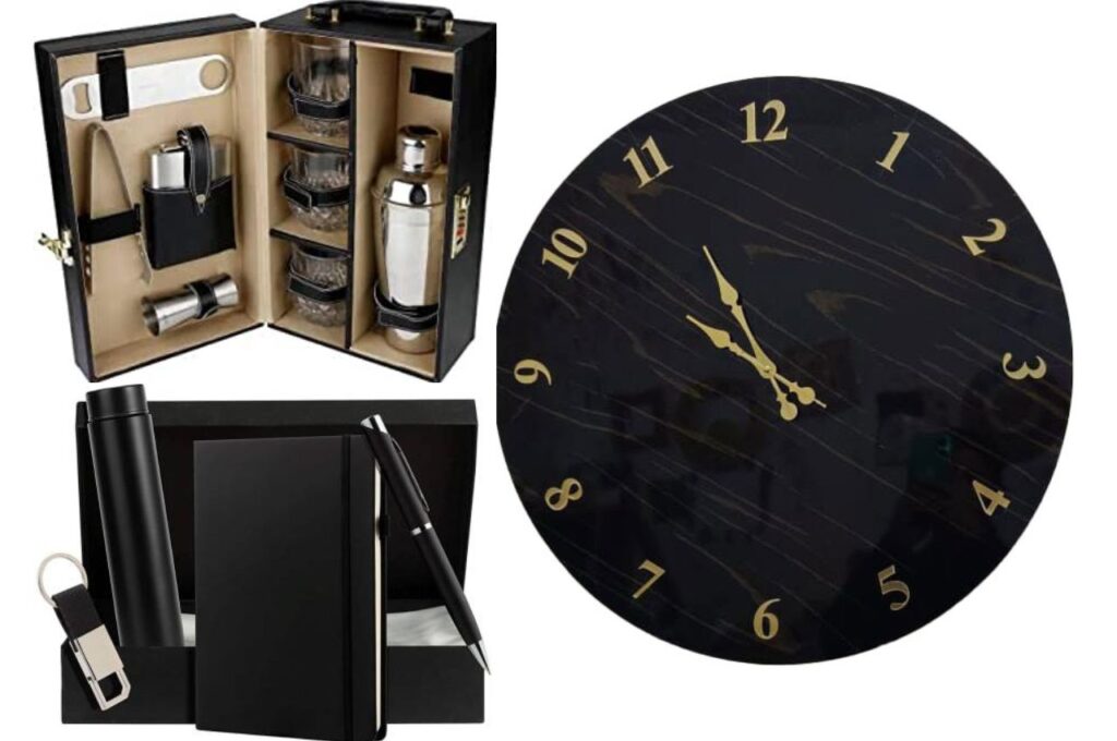 bar set, clock, stationery, pen, bottle, diary, keychains